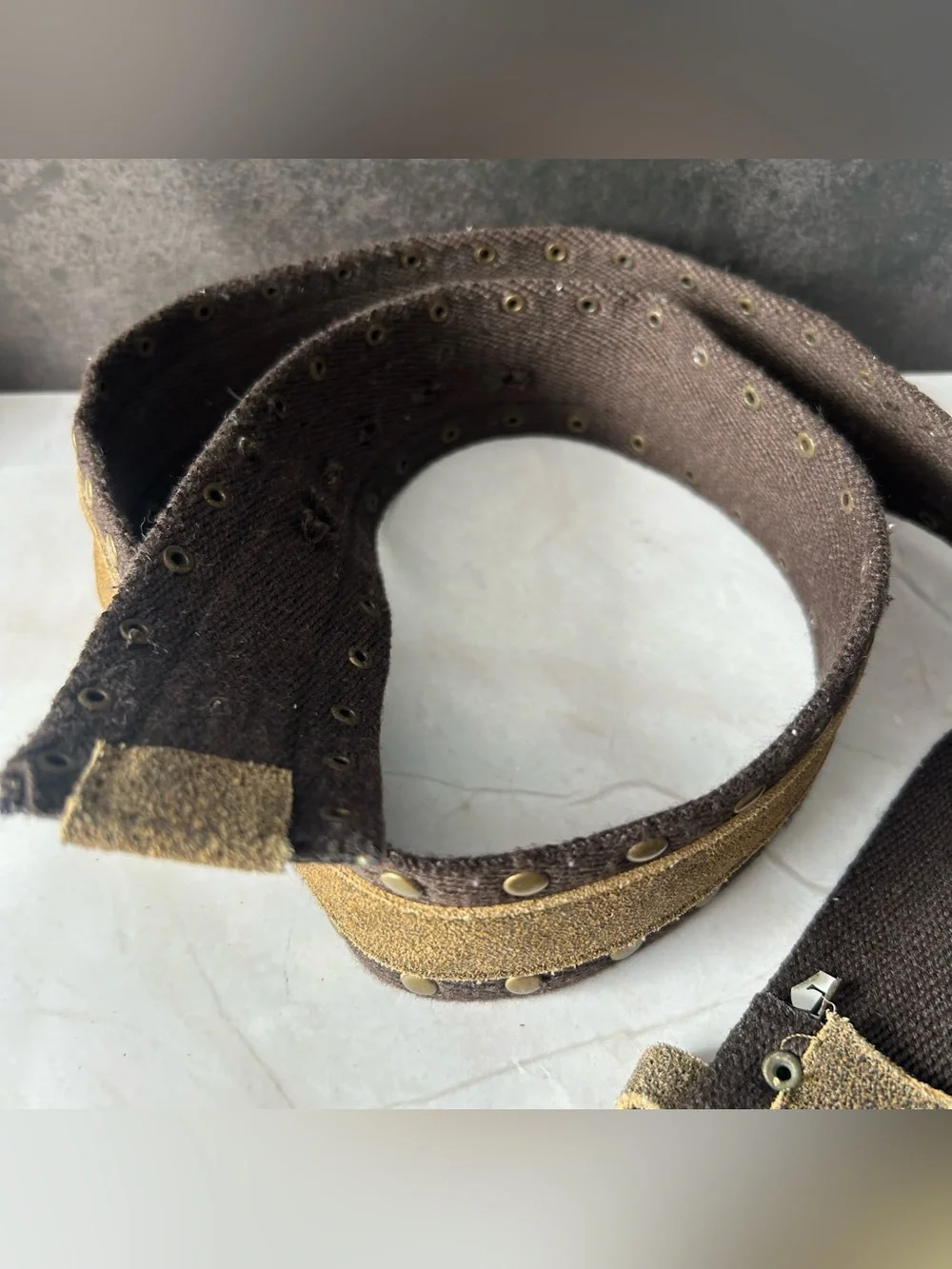 Vintage Brown Suede-Trim Belt with Antique Tone Brass Buckle and Accents
